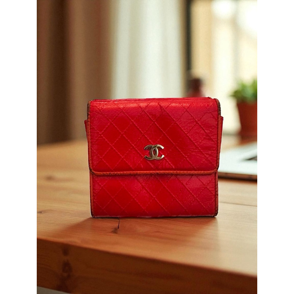 Chanel Red Orange Quilted Leather Double Snap Wallet